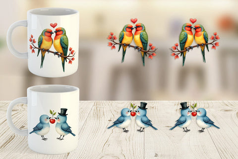 Mug Wrap Retro Lovebirds & Swans Valentine Watercolor Sublimation artnoy 