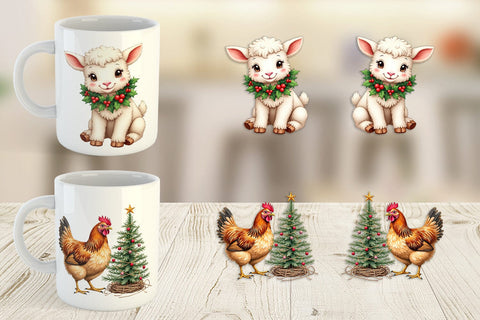 Mug Wrap Rustic Farmhouse Christmas Animals Watercolor Sublimation artnoy 