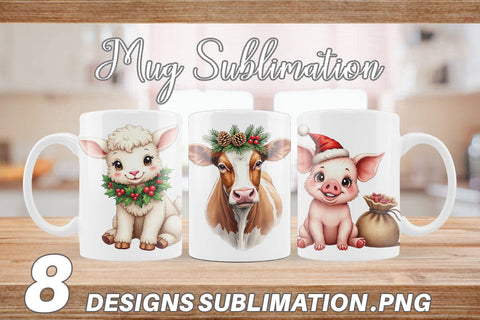 Mug Wrap Rustic Farmhouse Christmas Animals Watercolor Sublimation artnoy 