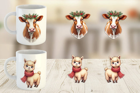 Mug Wrap Rustic Farmhouse Christmas Animals Watercolor Sublimation artnoy 