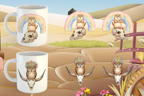 Mug Wrap Sarcastic Boho Desert Skull Watercolor Sublimation artnoy 