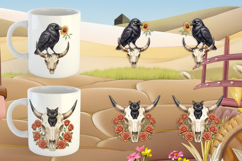 Mug Wrap Sarcastic Boho Desert Skull Watercolor Sublimation artnoy 
