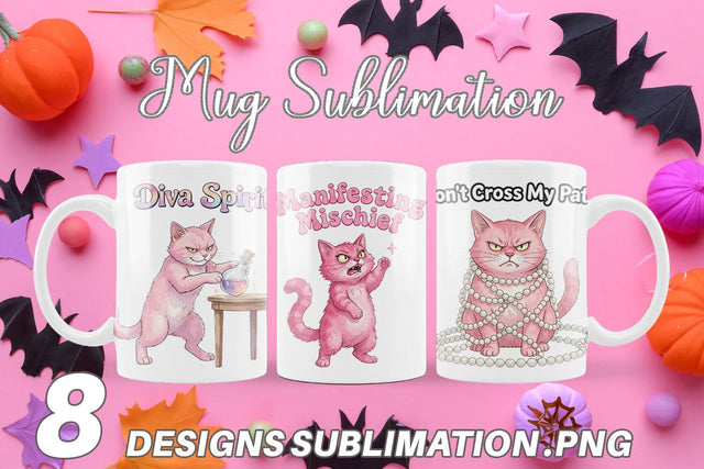 Mug Wrap Sassy Pink Cat Halloween Watercolor Sublimation artnoy 