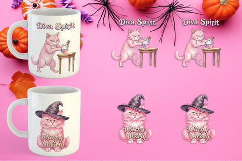 Mug Wrap Sassy Pink Cat Halloween Watercolor Sublimation artnoy 
