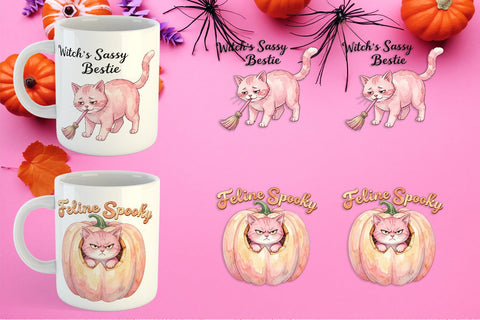 Mug Wrap Sassy Pink Cat Halloween Watercolor Sublimation artnoy 
