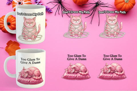 Mug Wrap Sassy Pink Cat Halloween Watercolor Sublimation artnoy 