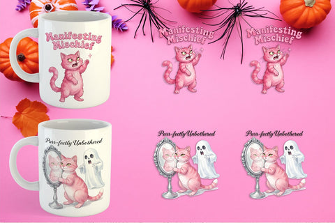 Mug Wrap Sassy Pink Cat Halloween Watercolor Sublimation artnoy 