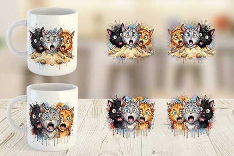 Mug Wrap Shocked Beach Cat Heads Ink Sketch Sublimation artnoy 