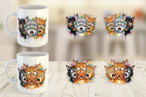 Mug Wrap Shocked Beach Cat Heads Ink Sketch Sublimation artnoy 
