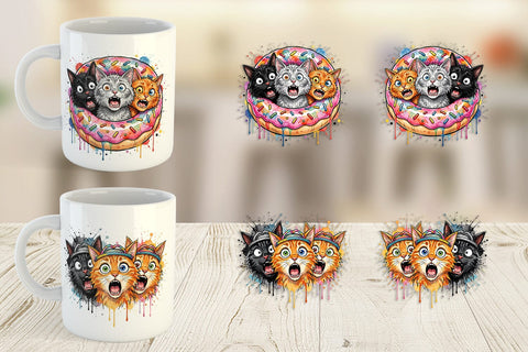 Mug Wrap Shocked Beach Cat Heads Ink Sketch Sublimation artnoy 