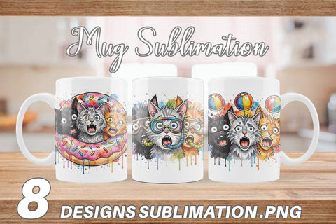 Mug Wrap Shocked Beach Cat Heads Ink Sketch Sublimation artnoy 