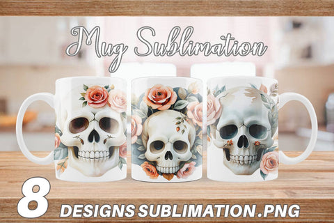 Mug Wrap Skull with Roses Watercolor Floral Sublimation artnoy 