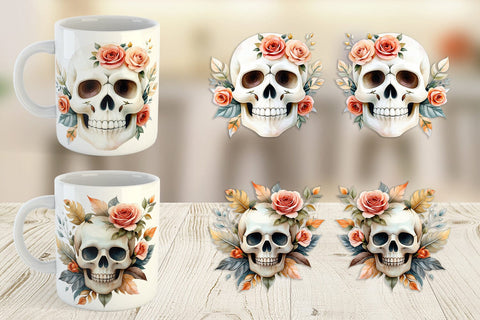 Mug Wrap Skull with Roses Watercolor Floral Sublimation artnoy 