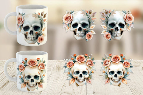 Mug Wrap Skull with Roses Watercolor Floral Sublimation artnoy 