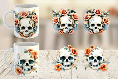 Mug Wrap Skull with Roses Watercolor Floral Sublimation artnoy 