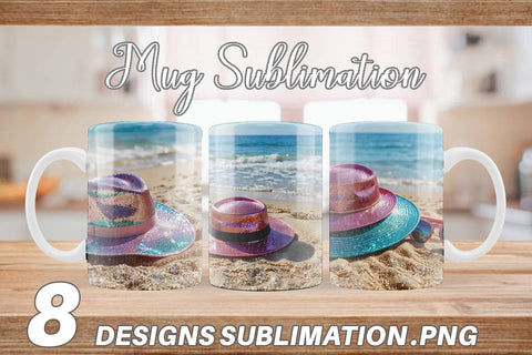 Mug Wrap Straw Hats on Sand Beach Sublimation artnoy 