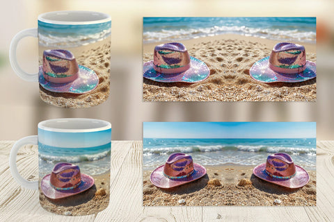 Mug Wrap Straw Hats on Sand Beach Sublimation artnoy 