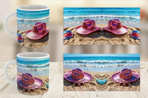 Mug Wrap Straw Hats on Sand Beach Sublimation artnoy 