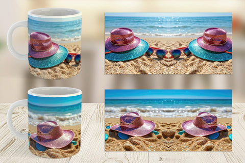 Mug Wrap Straw Hats on Sand Beach Sublimation artnoy 