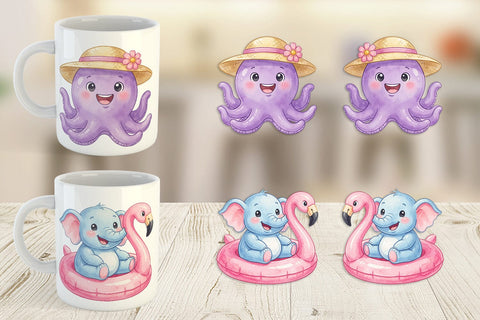 Mug Wrap Summer Animals Watercolor Sublimation artnoy 