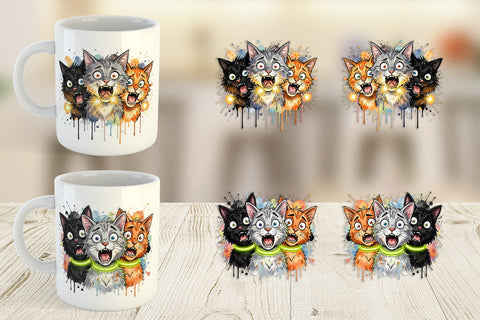Mug Wrap Summer Night Panic Cats Watercolor Sublimation artnoy 