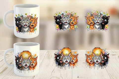 Mug Wrap Summer Night Panic Cats Watercolor Sublimation artnoy 