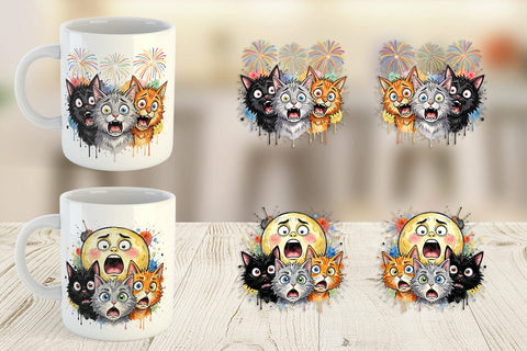 Mug Wrap Summer Night Panic Cats Watercolor Sublimation artnoy 