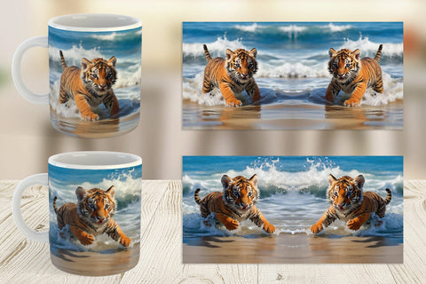 Mug Wrap Tiger Running on Beach Sublimation artnoy 