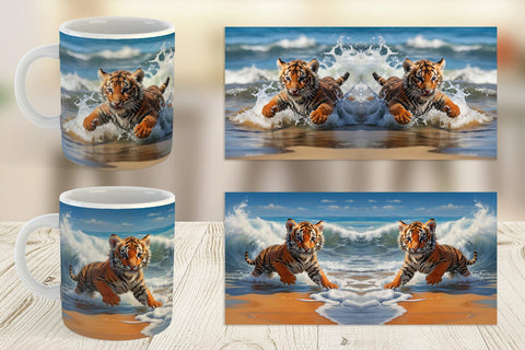 Mug Wrap Tiger Running on Beach Sublimation artnoy 