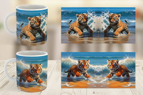 Mug Wrap Tiger Running on Beach Sublimation artnoy 