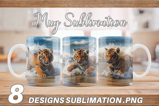 Mug Wrap Tiger Running on Beach Sublimation artnoy 