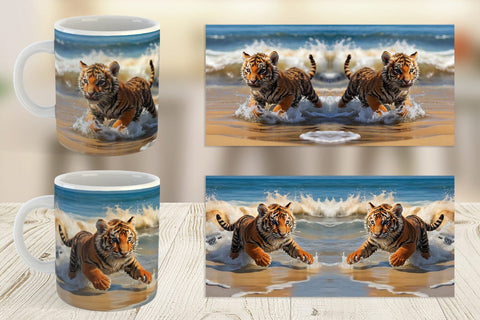 Mug Wrap Tiger Running on Beach Sublimation artnoy 