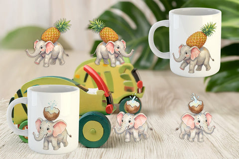 Mug Wrap Tropical Fruit Elephant Watercolor Sublimation artnoy 