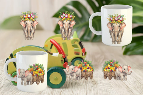Mug Wrap Tropical Fruit Elephant Watercolor Sublimation artnoy 