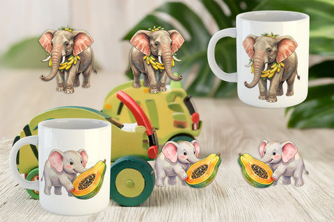 Mug Wrap Tropical Fruit Elephant Watercolor Sublimation artnoy 