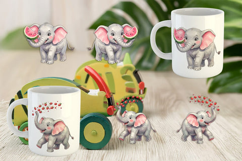 Mug Wrap Tropical Fruit Elephant Watercolor Sublimation artnoy 