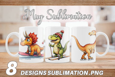 Mug Wrap UglyCute Dinosaur Winter Sports Watercolor Art Sublimation artnoy 