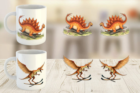 Mug Wrap UglyCute Dinosaur Winter Sports Watercolor Art Sublimation artnoy 