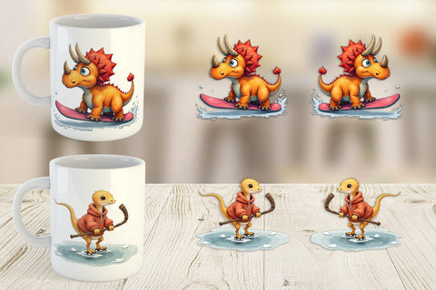 Mug Wrap UglyCute Dinosaur Winter Sports Watercolor Art Sublimation artnoy 