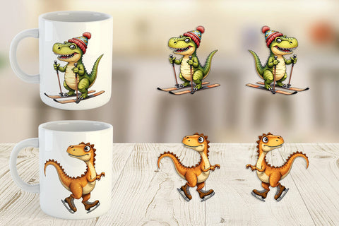 Mug Wrap UglyCute Dinosaur Winter Sports Watercolor Art Sublimation artnoy 
