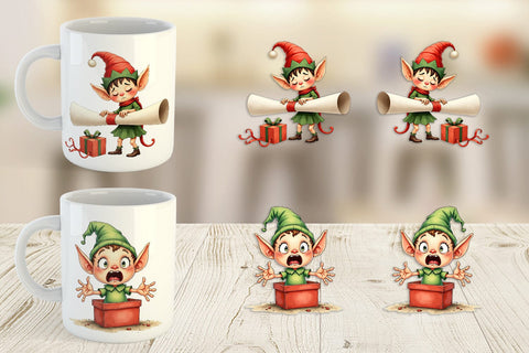 Mug Wrap UglyCute Elf Workshop Antics Watercolor Sublimation artnoy 