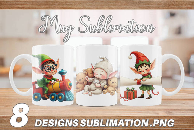Mug Wrap UglyCute Elf Workshop Antics Watercolor Sublimation artnoy 