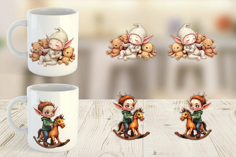 Mug Wrap UglyCute Elf Workshop Antics Watercolor Sublimation artnoy 
