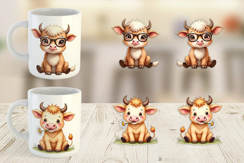 Mug Wrap UglyCute Highland Cow Watercolor Quirky Farm Friends Sublimation artnoy 