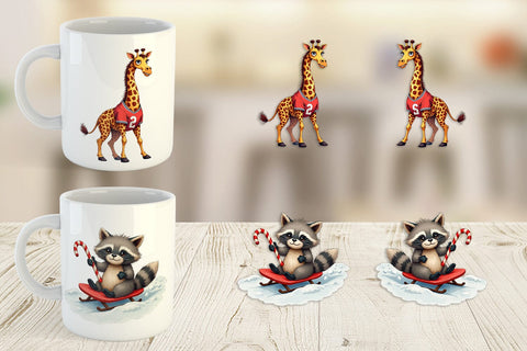 Mug Wrap UglyCute Winter Sports Animals Watercolor Sublimation artnoy 