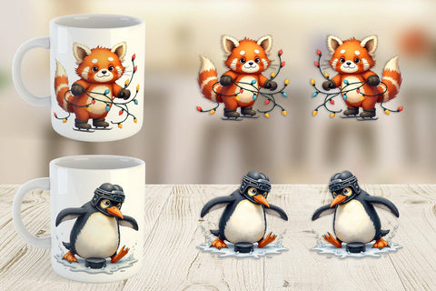 Mug Wrap UglyCute Winter Sports Animals Watercolor Sublimation artnoy 