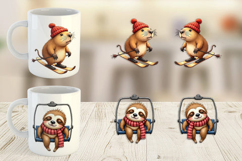 Mug Wrap UglyCute Winter Sports Animals Watercolor Sublimation artnoy 