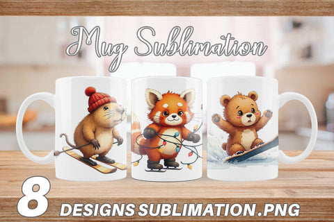 Mug Wrap UglyCute Winter Sports Animals Watercolor Sublimation artnoy 