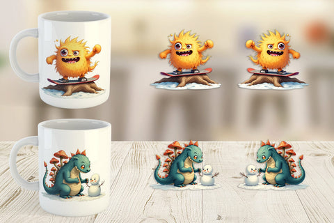 Mug Wrap UglyCute Woodland Monsters Winter Sports Sublimation artnoy 