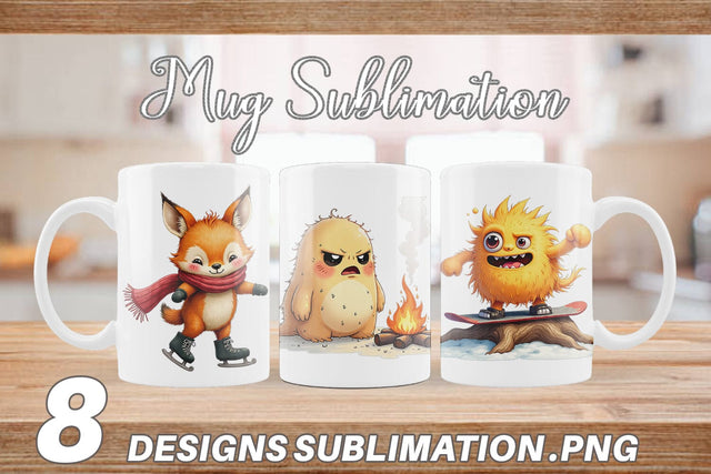 Mug Wrap UglyCute Woodland Monsters Winter Sports Sublimation artnoy 